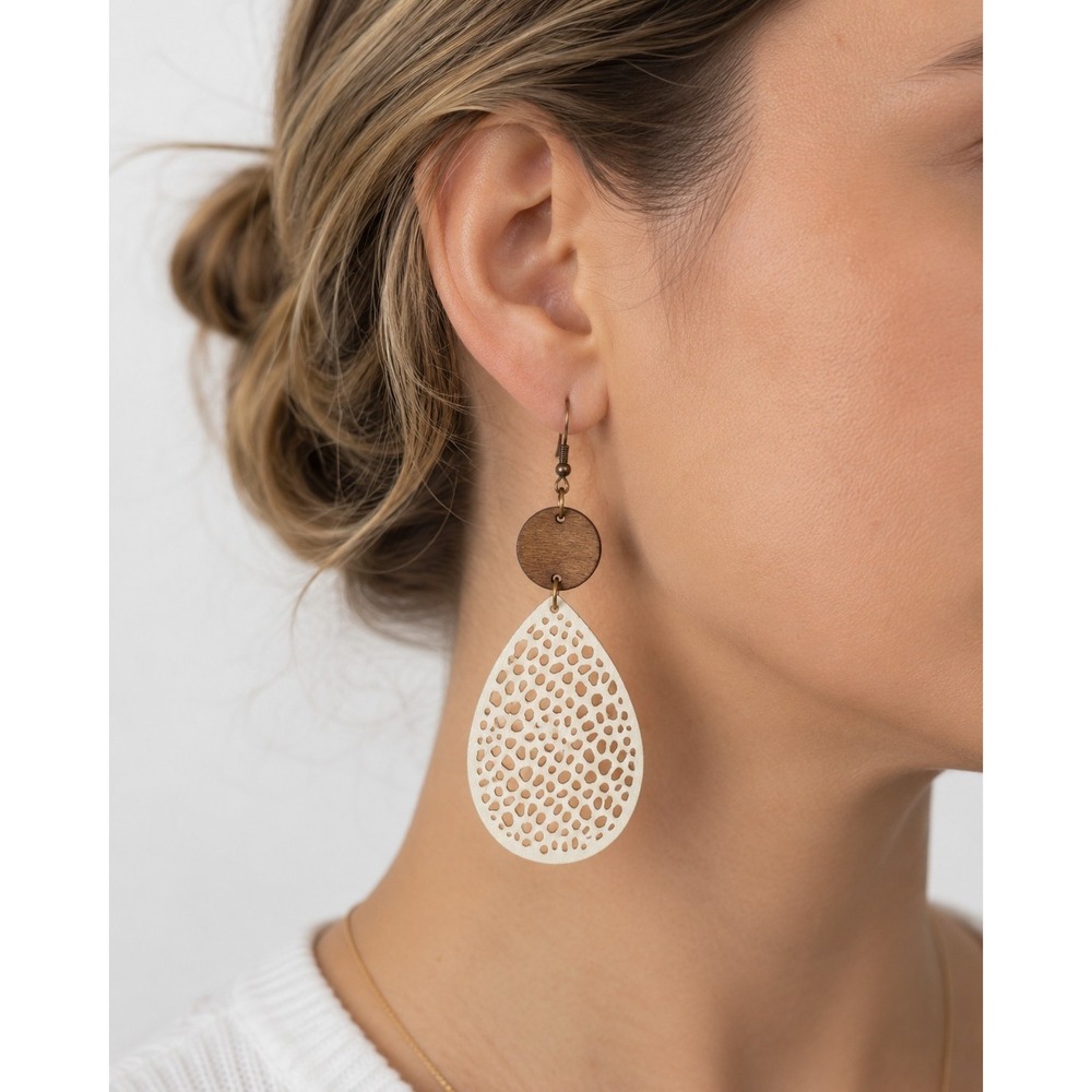 Cream Wood Teardrop Cutout Earrings Brown Circle Boho Dangle Hook Lightweight